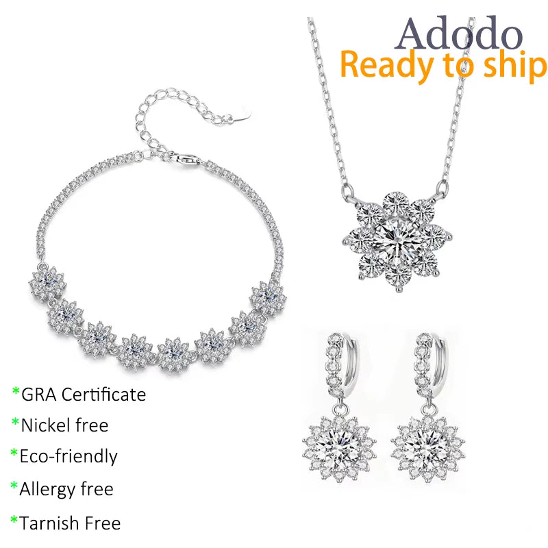 European American S925 Silver Zircon VVS Moissanite Flower Earrings Necklace Three-piece High-end Jewelry Set for Women
