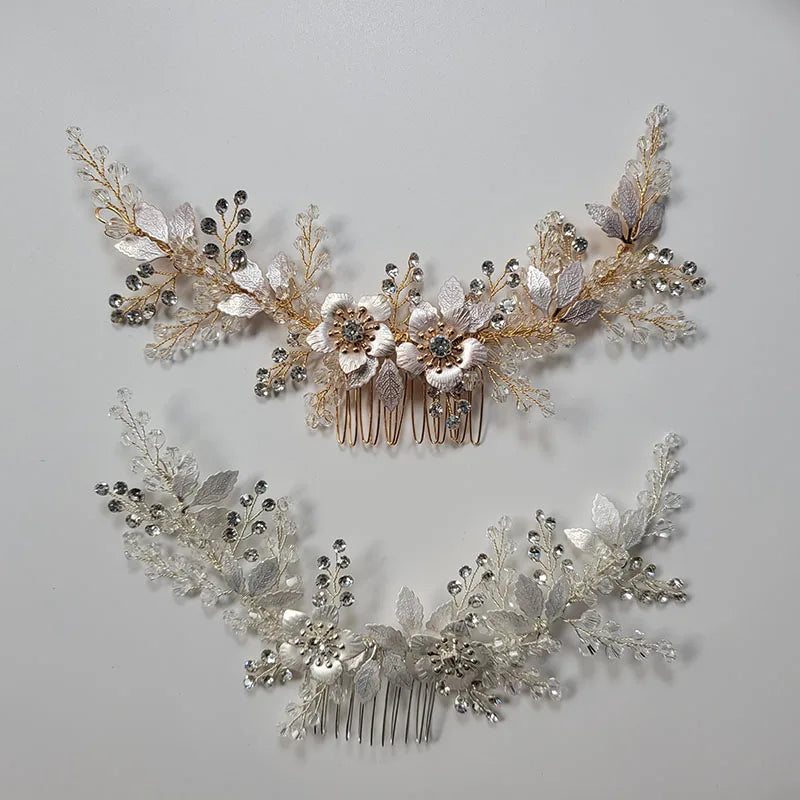 SLBRIDAL Handmade Wired Rhinestones Crystals Flower Leaf Long Wedding Hair Comb Bridal Headband Hair Accessories Women Jewelry