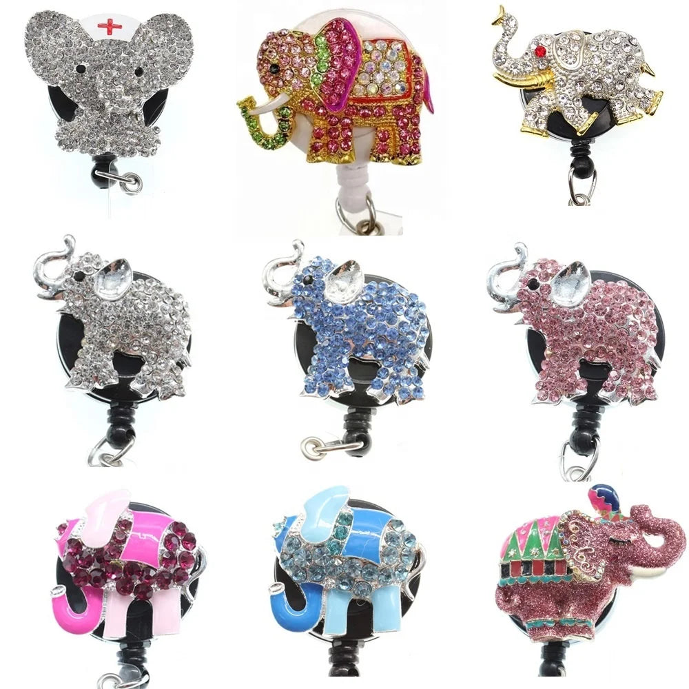 Wholesale Elephant Animal Retractable ID Badge Reel Rhinestone Decorated with Alligator Clip Nurse Gift Accessory