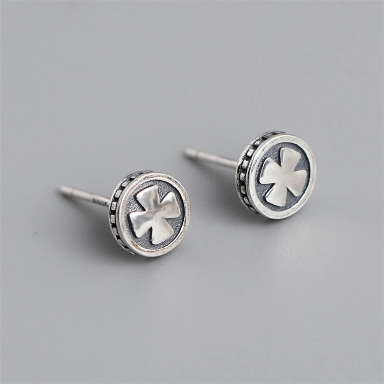 Simple Retro 925 Sterling Silver Cross Shape Round Disc Stud Earrings For Men Women