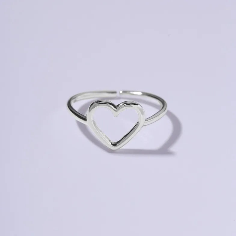 Simple Hollow Love Heart Shape Adjustable 925 Sterling Silver Rings Women Fashion Jewelry