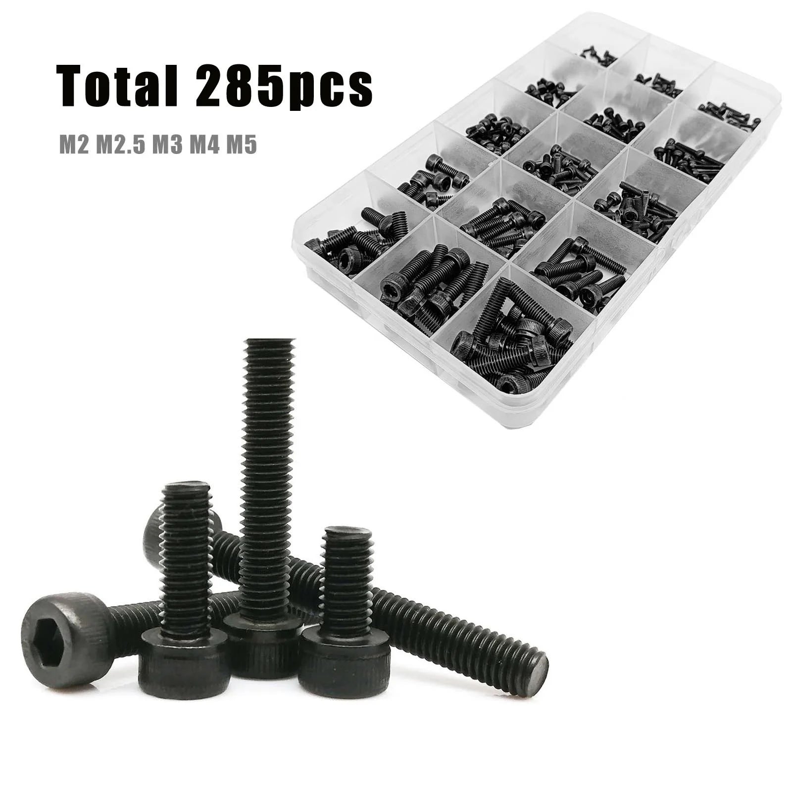 285pcs M2 M2.5 M3 M4 M5 DIN912 Black 304 A2-70 Stainless Steel Allen Hexagon Hex Socket Head Cap Screw Bolt Assortment Set Box