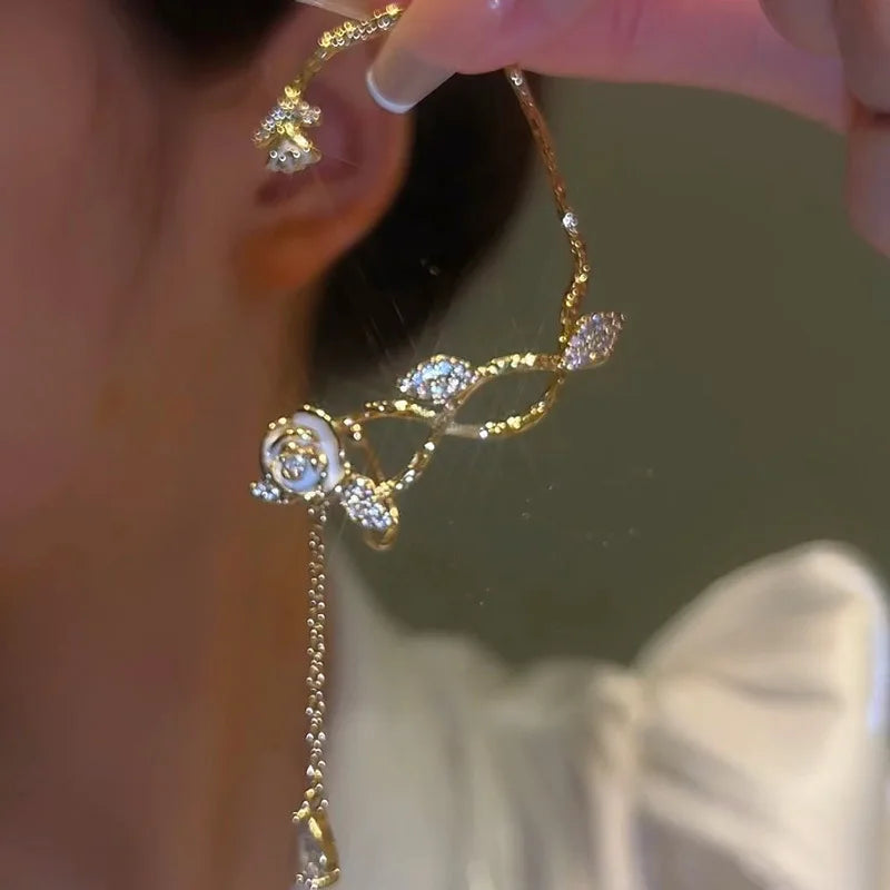 DAIHE Fashion Jewelry Camellia Earrings Elf Vine Ear Bone Clip Tassel Long Earrings Clip