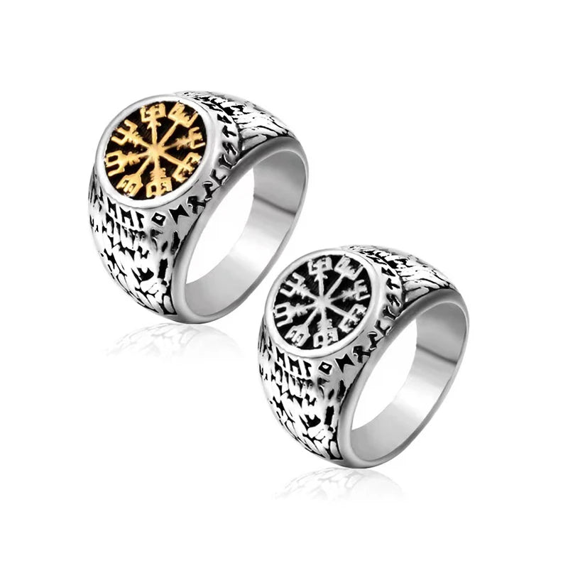 Dropshipping Vintage Gold Sliver Planted Viking Invincible Ancient Myths Compass Rune Amulet Stainless Steel Man Ring