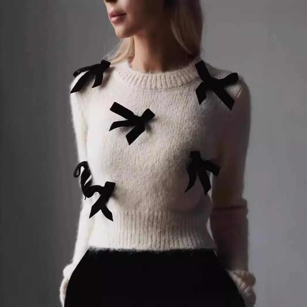 2024 New Autumn Fashion 3d Bow Round Neck Slim Warm Pullover Female Commuting Streetwear Elegant Long Sleeve Sweater for Women