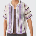 Wholesale Custom Men Summer Short Sleeve Single Breasted Hollow Out Crochet Knitted Shirt Sweater Cardigan