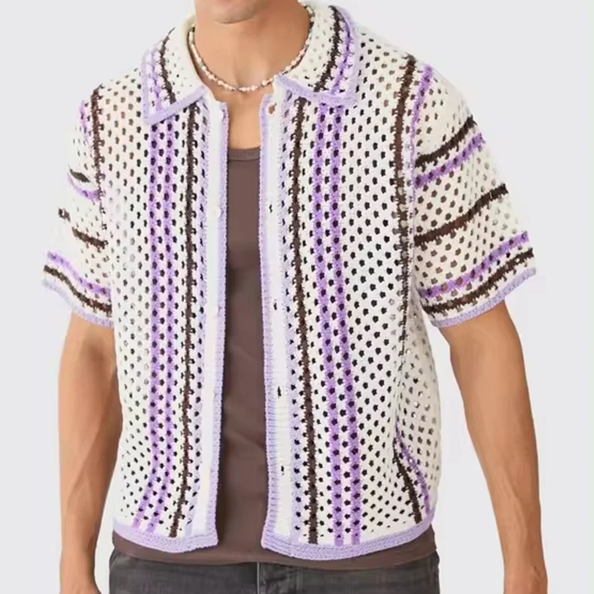 Wholesale Custom Men Summer Short Sleeve Single Breasted Hollow Out Crochet Knitted Shirt Sweater Cardigan