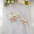 SLBRIDAL Handmade Alloy Rhinestones Ceramic Flower Pearls Bridal Hair Comb Pins Earrings Wedding Hair Accessories Women Jewelry