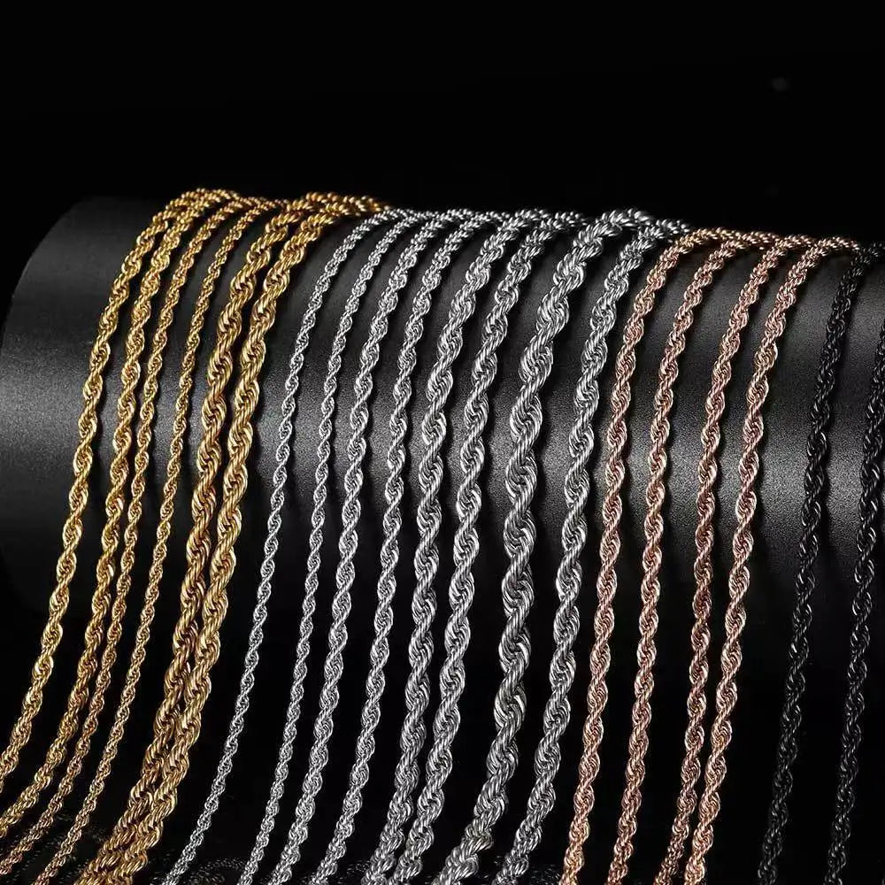 Hip Hop 2mm 2.5mm 3mm 4mm 6mm 18k Gold Plated Stainless Steel Jewelry Twisted Rope Chain Necklaces