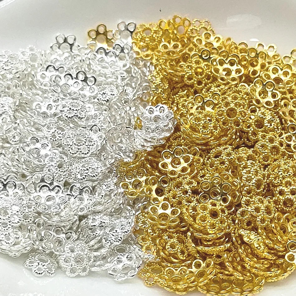 100pcs 6mm Flower Spacer Beads Gold Plated Round Floral Granulated Loose Beads