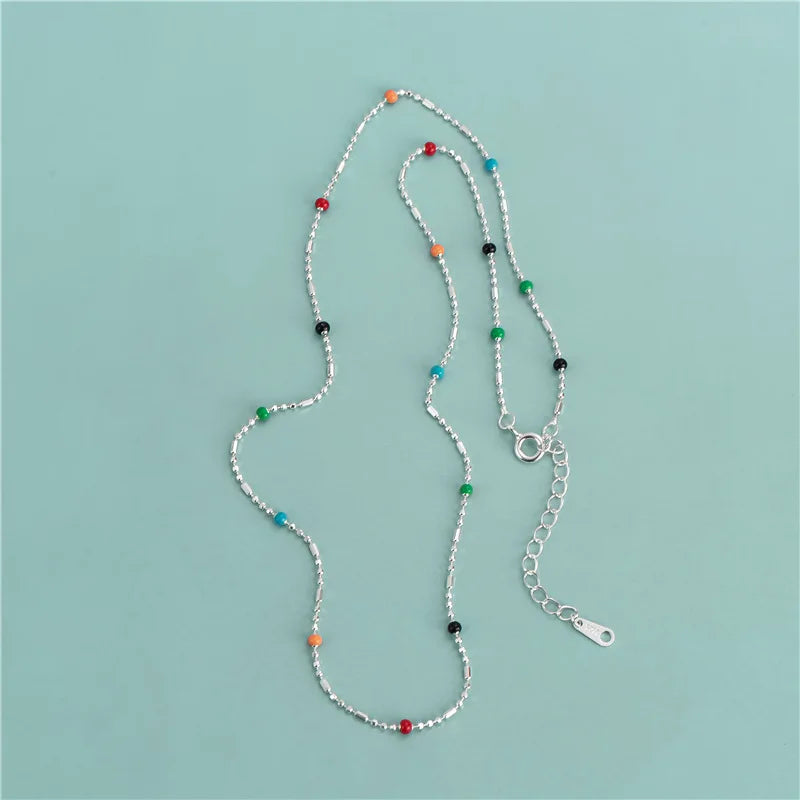 Daily 925 Sterling Sliver Colorful Oil Drip Enamel Round Beads Beaded Necklace for Women Jewelry
