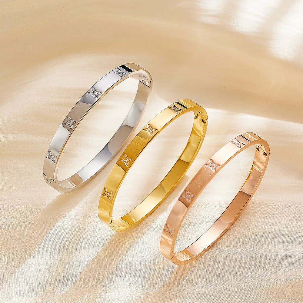 Fashion Waterproof Colorfast Luxury Zircon Bracelet Stainless Steel Open Cuff Bangle Fine Jewelry for Women