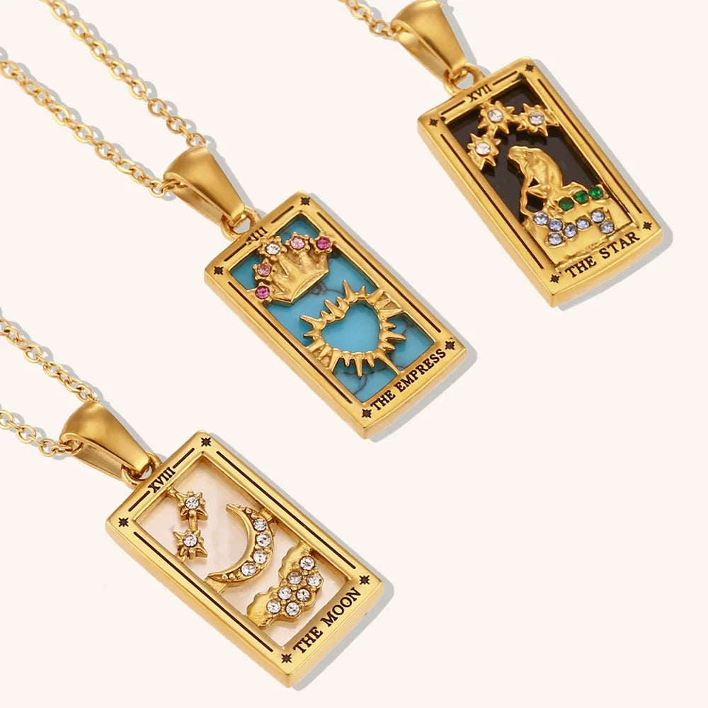High Fashion Colorful Enamel Zircon Tarot Card Jewelry Necklace Stainless Steel 18K Gold Plated Jewelry