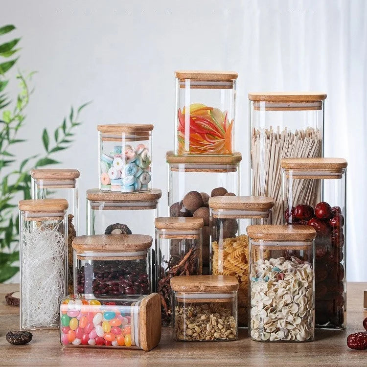 Environmental Friendly Airtight High Borosilicate square Glass Storage Jar with Bamboo Lids