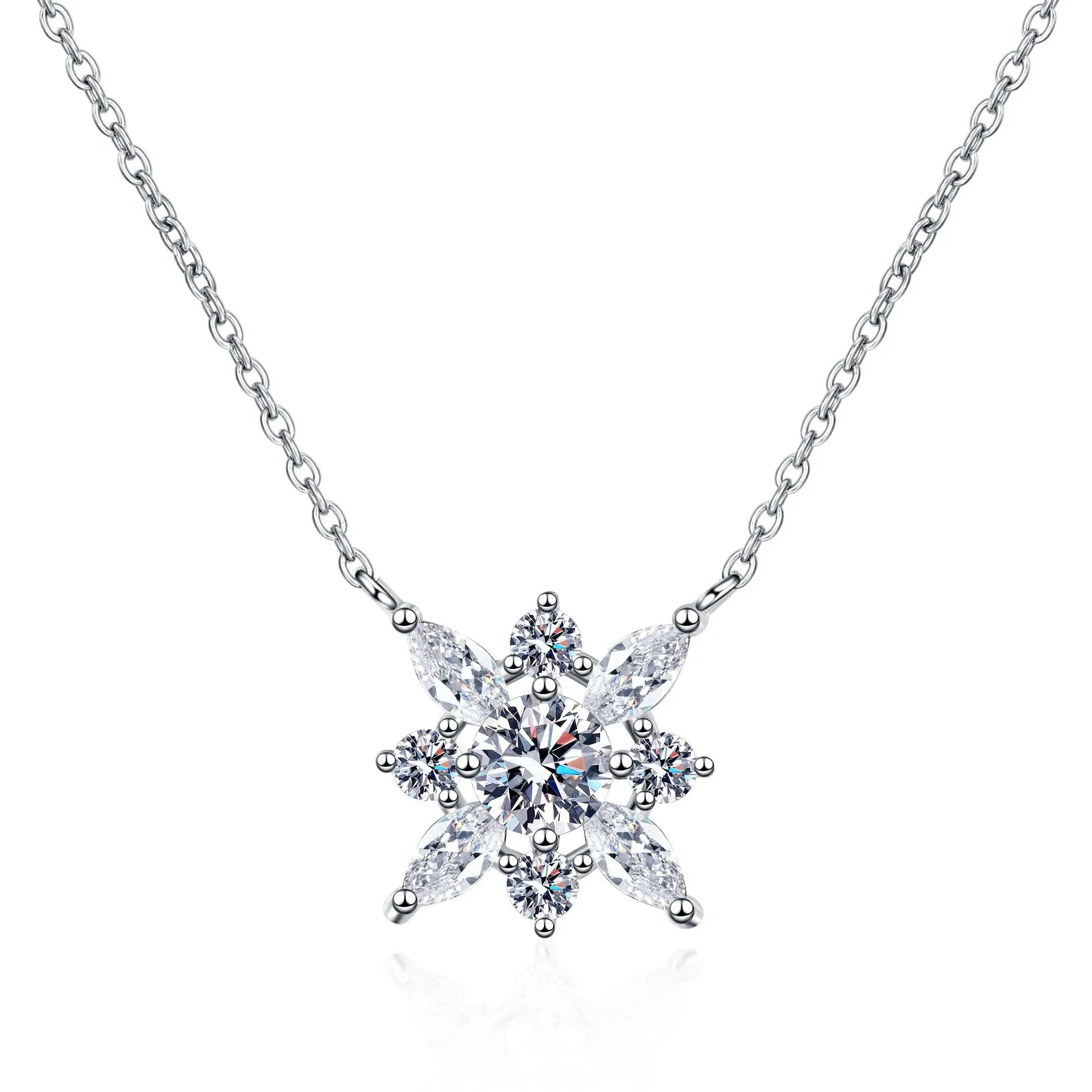 Flower Pendant Necklace R.GEM. High Quality Snowflake S925 Sterling Silver Rhodium Plated Moissanite Claw Setting Trendy