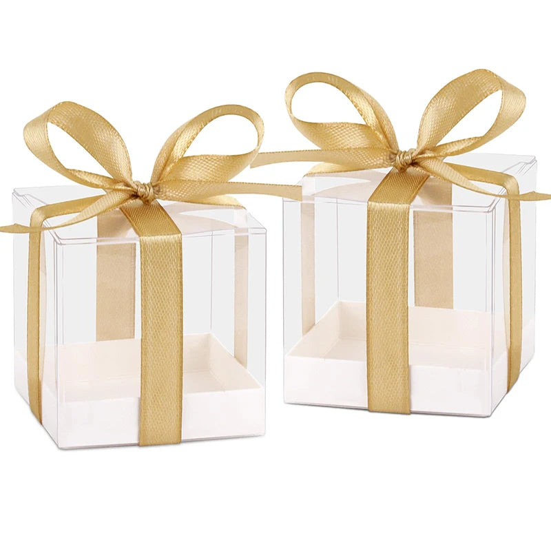 Clear Foldable PVC Plastic Cube Wedding Favour Sweet Chocolate Candy Packaging Gift Boxes with Paper Base Embossing Craft Design
