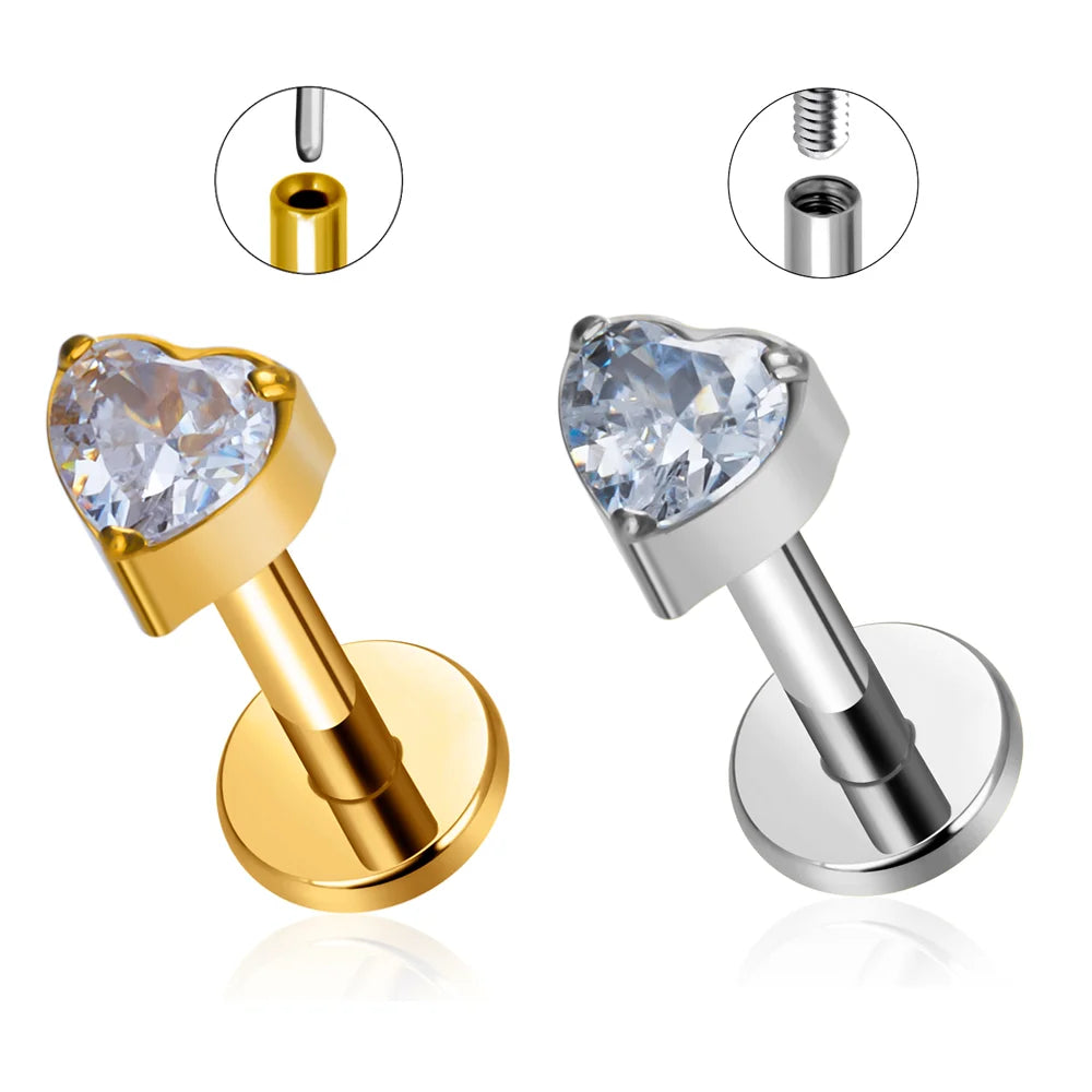 G23 ASTM F136 Titanium Ear Stud Heart Shape Zircon Inlay Labret Studs Ear Cartilage Earrings Lip Stud Labret Piercing Jewelry