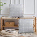 18x18 Gray Linen Throw Pillow Covers With Tassels French Country Modern Plaid Decorative Square Couch Accent Pillow Cover/