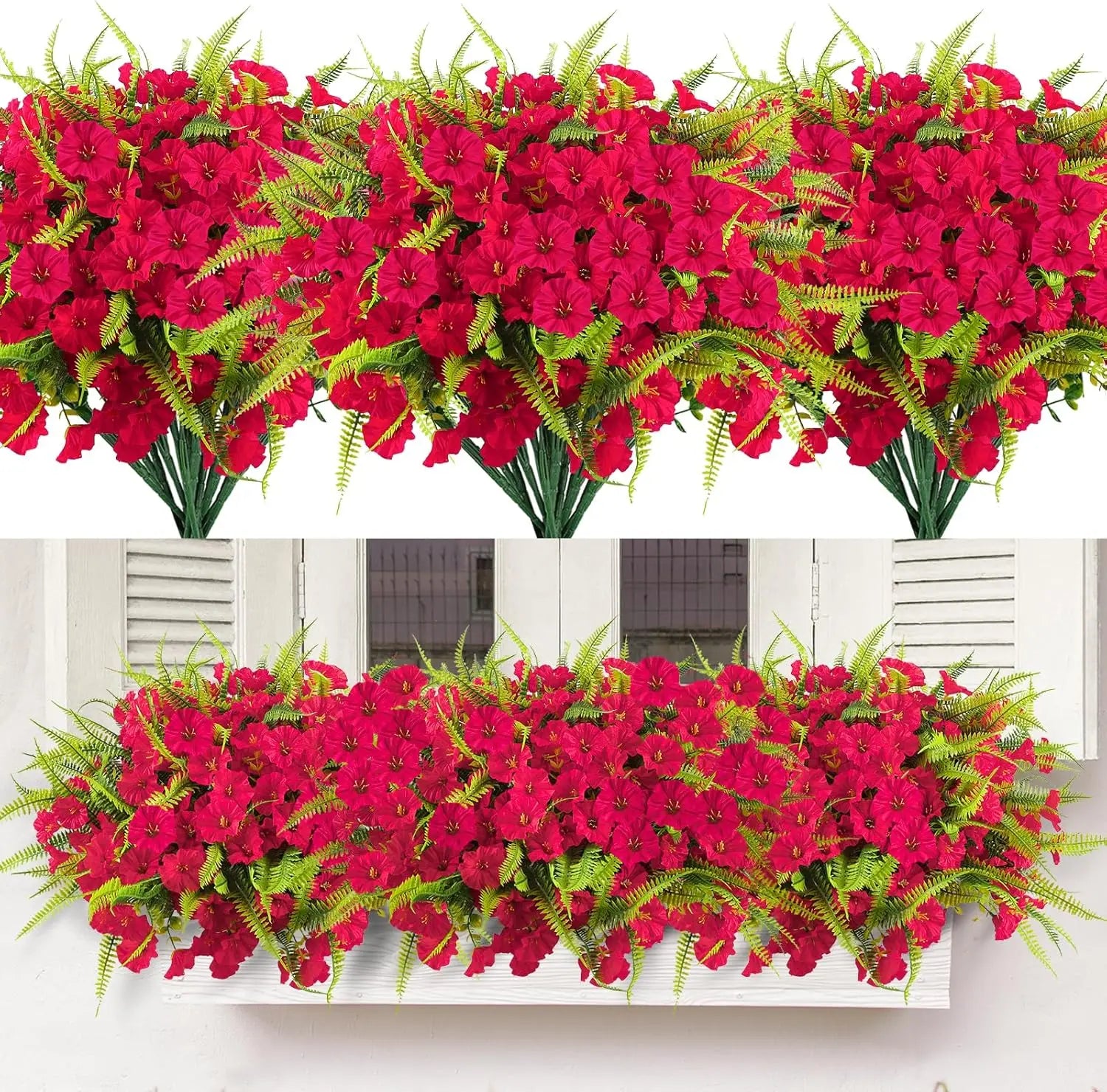 Artificial Spring Petunias Flowers Shrubs Plants with Fern Hanging Planters for Home Garden Summer Wedding Party Porch Decor