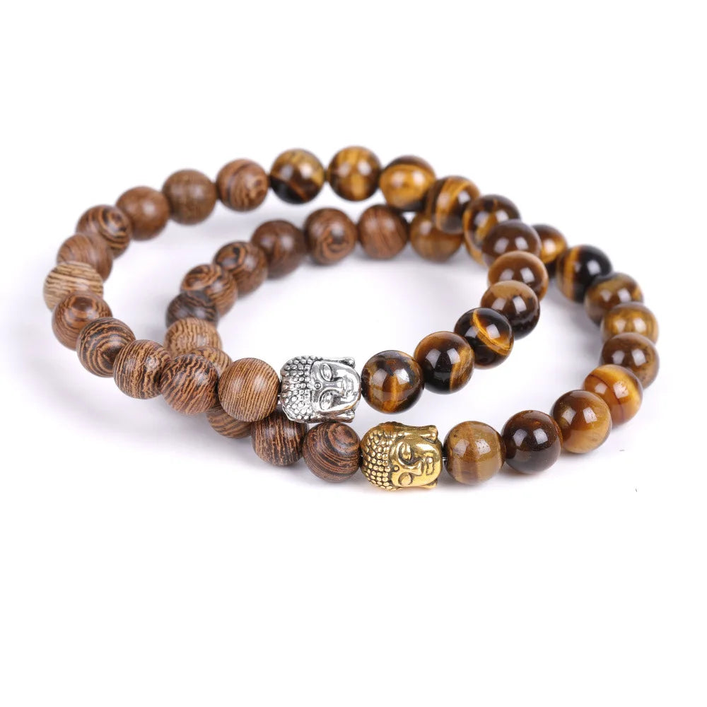Natural Crystal Stone Buddha Head Bracelet Gemstone Chicken Wing Wood tiger Eye Stone Bead Bracelet