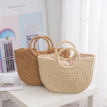 Large Capacity Natural Straw Bag Hand Woven Round Handle Tote Handbags Handmade Summer Bag Beach Bag