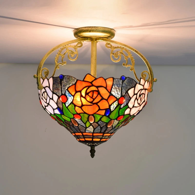 High End Quality Stained Glass Chandeliers Bedroom Bar Cafe Lamps tiffany Rose Ceiling Light Modern New Ceiling Lamp for Bedroom