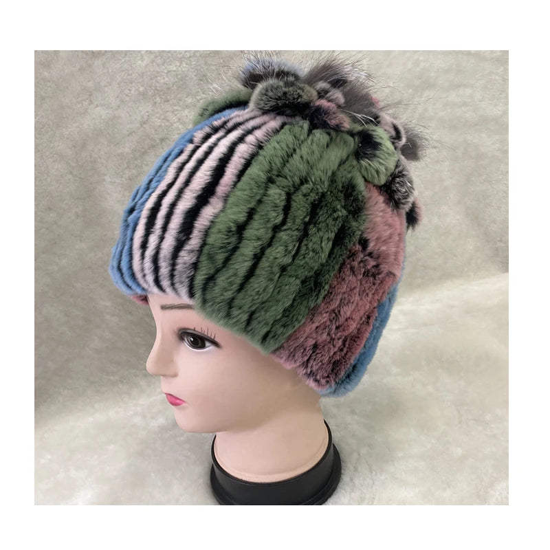 Sample Support Customizable Ladies Winter Beanie Hat Genuine Rabbit Fur Fashionable Embroidered Fox Fur Warm Windproof for Sport