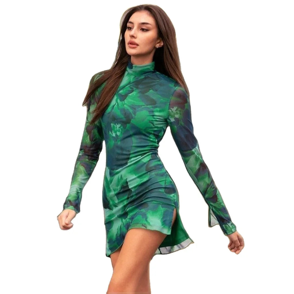 Hot Sale Casual Women Dress Long Sleeve Women Print Mesh Dress Bodycon Mini Dress