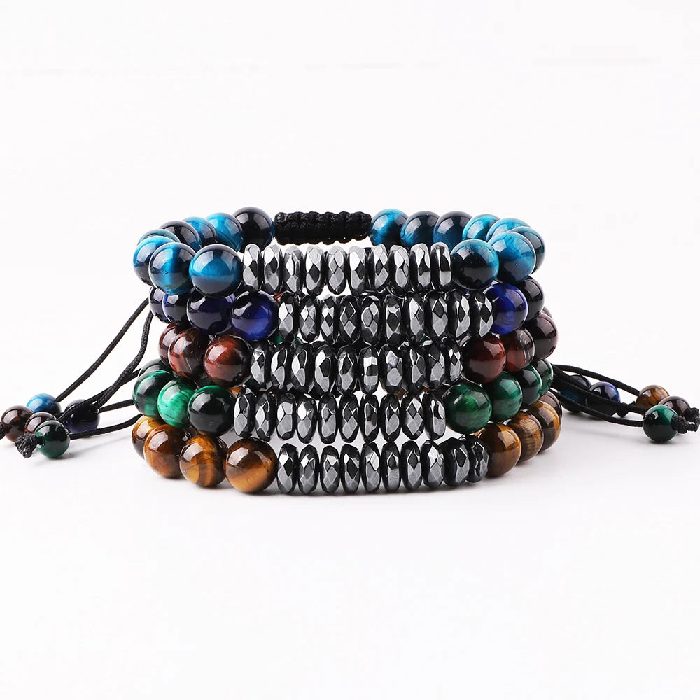 Natural Stone Bracelet Men Tiger Eye Hematite Beads Adjustable Cord Braided Men Bracelets JBS11730