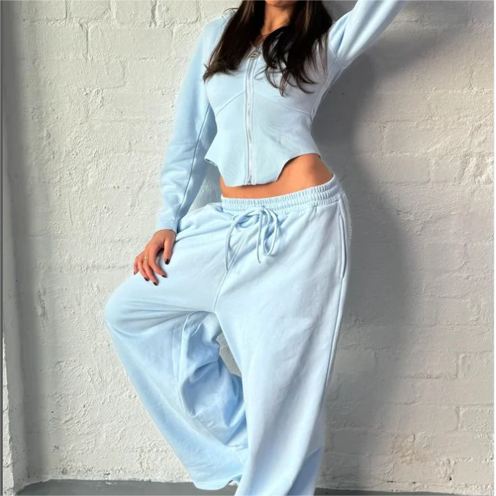Blue Women's Crop Hoodie Wide Leg Pants New Arrival Winter Cotton Tracksuit With Letter Pattern Casual Style for Autumn Season