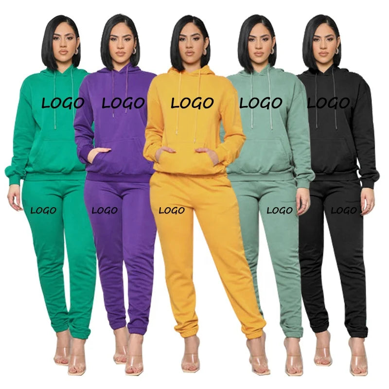 Custom Logo Spring Autumn Drawstring Long Sleeve Trendy Solid Color Womens Casual Hoodies Trousers Pant Set Suits
