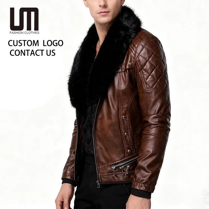 Customized OEM Autumn Winter Fashion New Men Punk Fur Collar Leather Motorcycle Jacket Thick Windbreaker Plus Size Coat