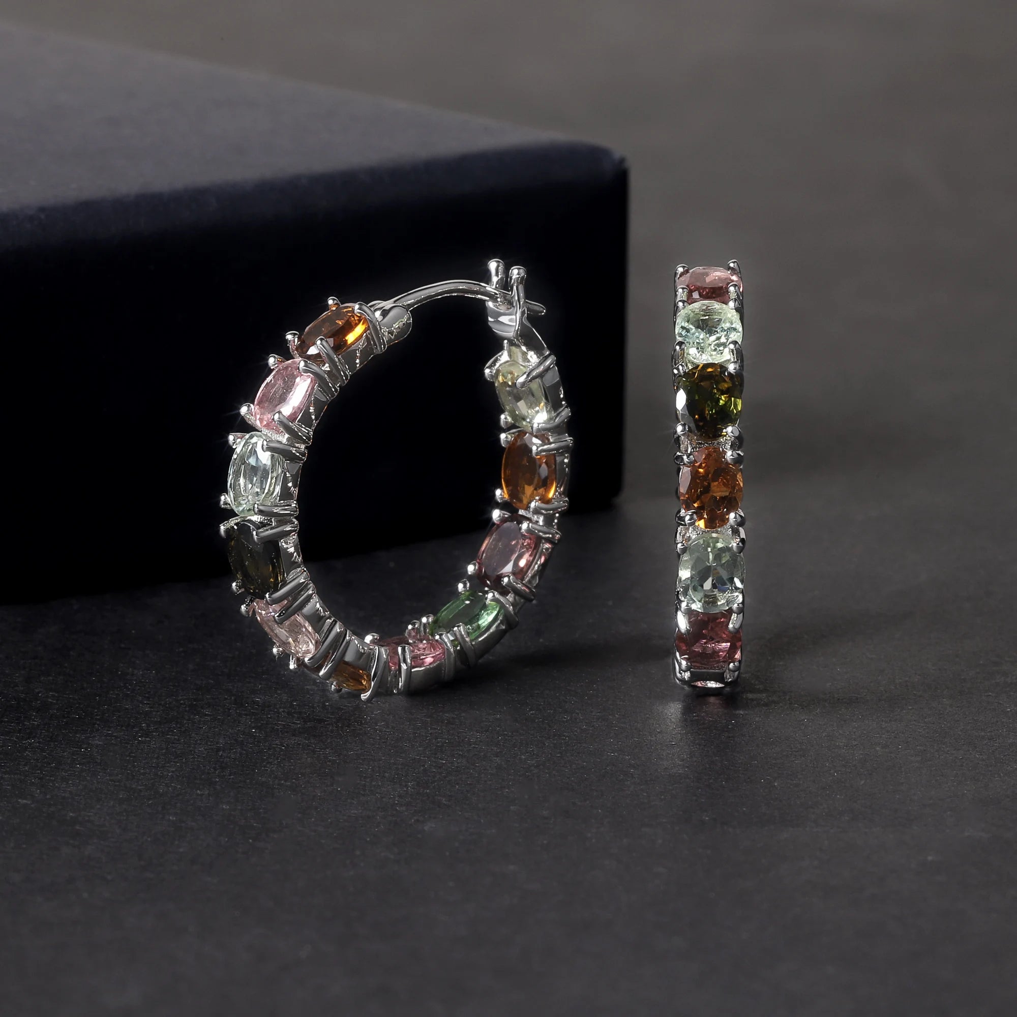RZ0233 Abiding Jewelry Custom Wholesale Oval 4x5mm Natural Tourmaline Colorful Gemstone Solid 925 Silver Hoop Earrings