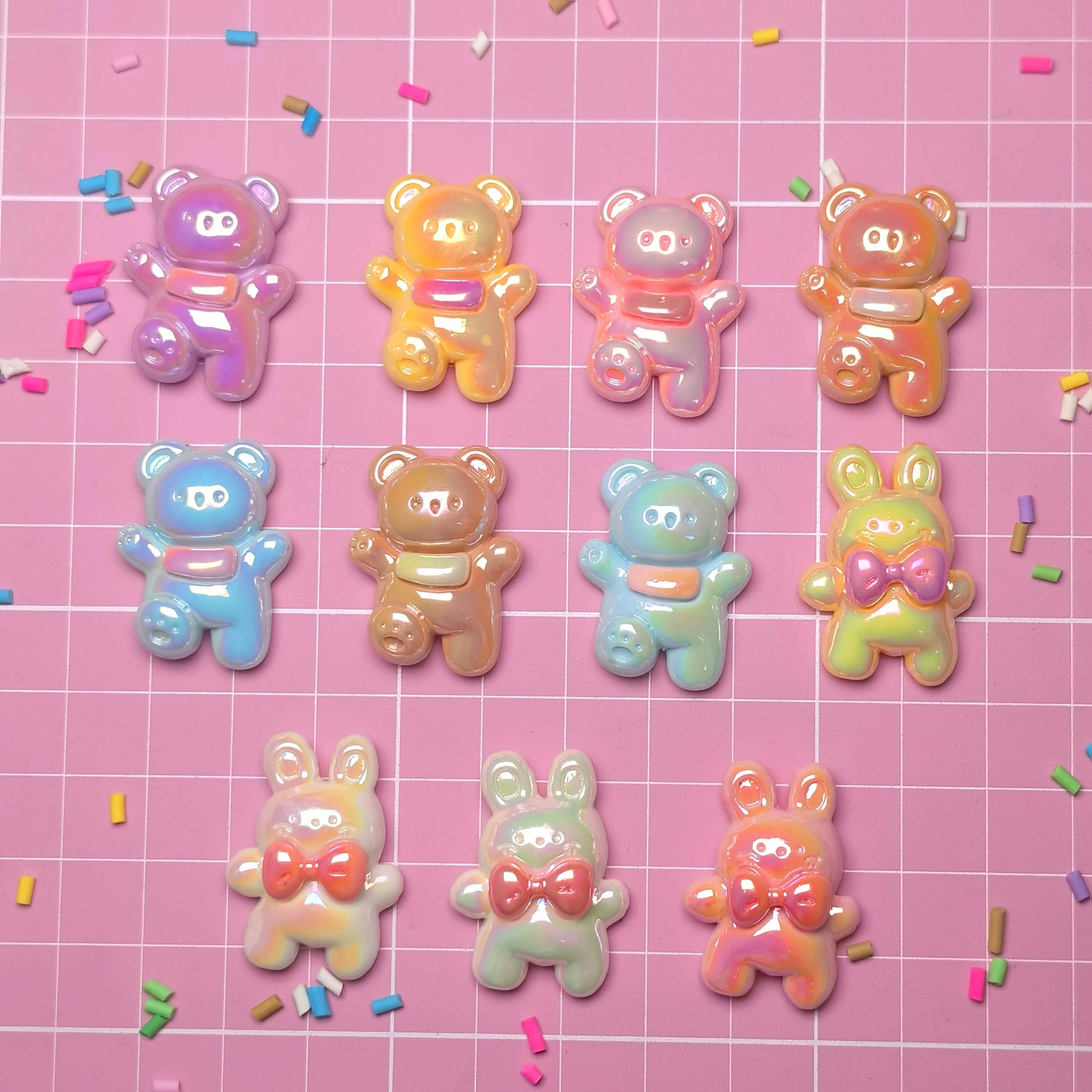 New Style 100Pcs/Bag AB Plated Cartoon Animals Flatback Resin Beads Charms Cartoon Rabbit Bear Slime Charms For DIY Decoration