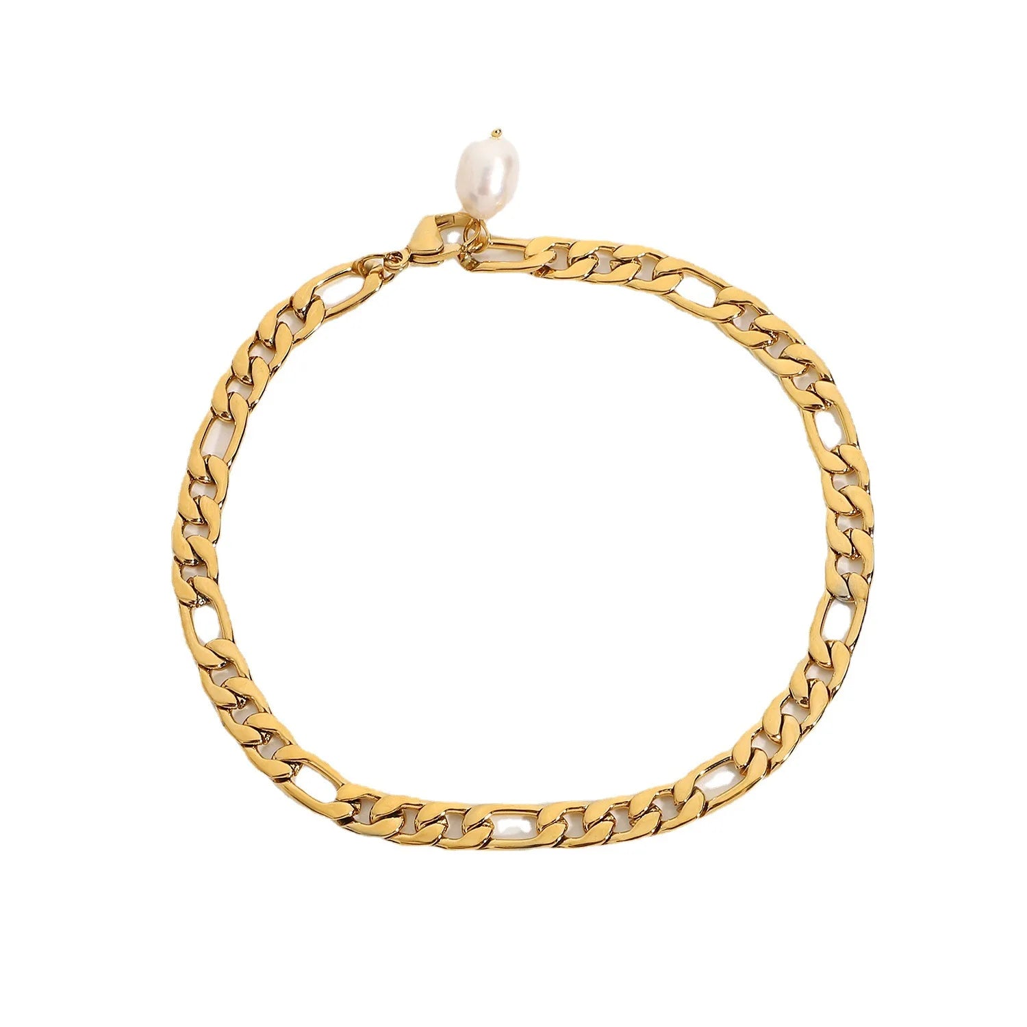 New Fashion Women's 18K Gold-Plated Stainless Steel Geometric Figaro Chain Anklet with Freshwater Pearls for Parties