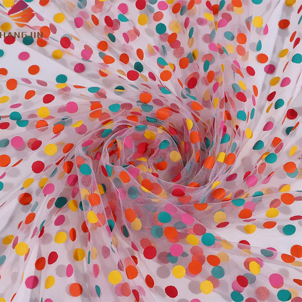 Colorful Net Polka Dot Breathable Mesh Fabric 100% Polyester Soft Polka Dots Printed Tulle Fabric for Girl Tutu Skirt Dress