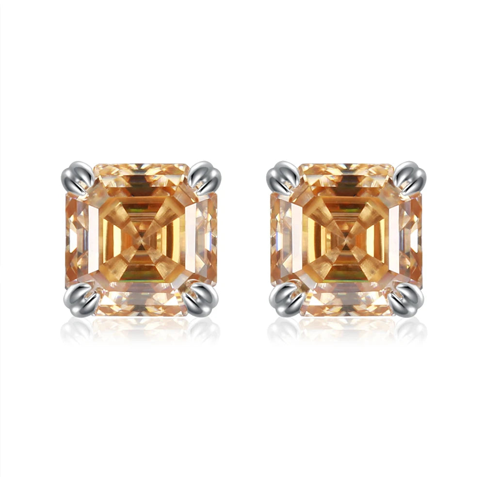 Asscher Cut 1CT Moissanite Stud Earrings in 925 Sterling Silver Champagne Color Princess Style