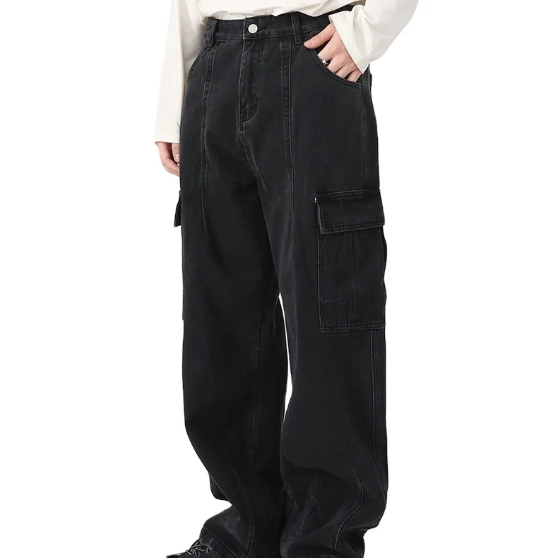 Multi-Pocket High Street Men's Stonewashed Denim Overalls Winter Autumn Straight Fit Jeans