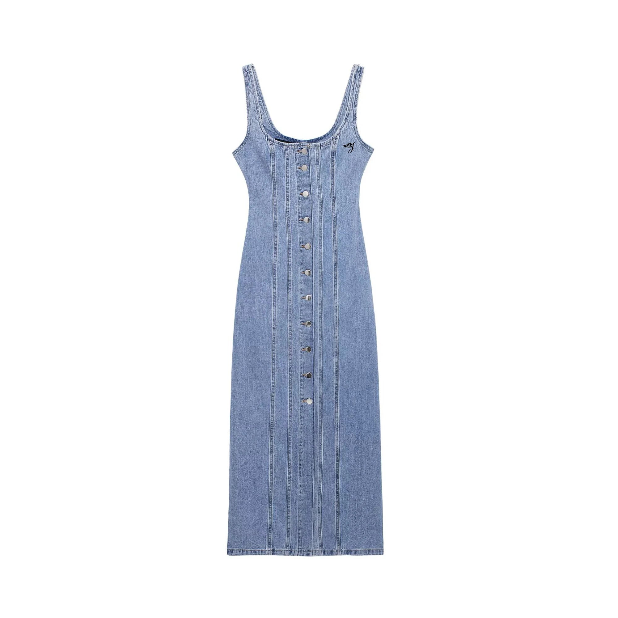 European American Cross-Border Casual Summer Midi Dress Logo Back Women's Sleeveless Denim Dress Decorated Button Simple Fashion