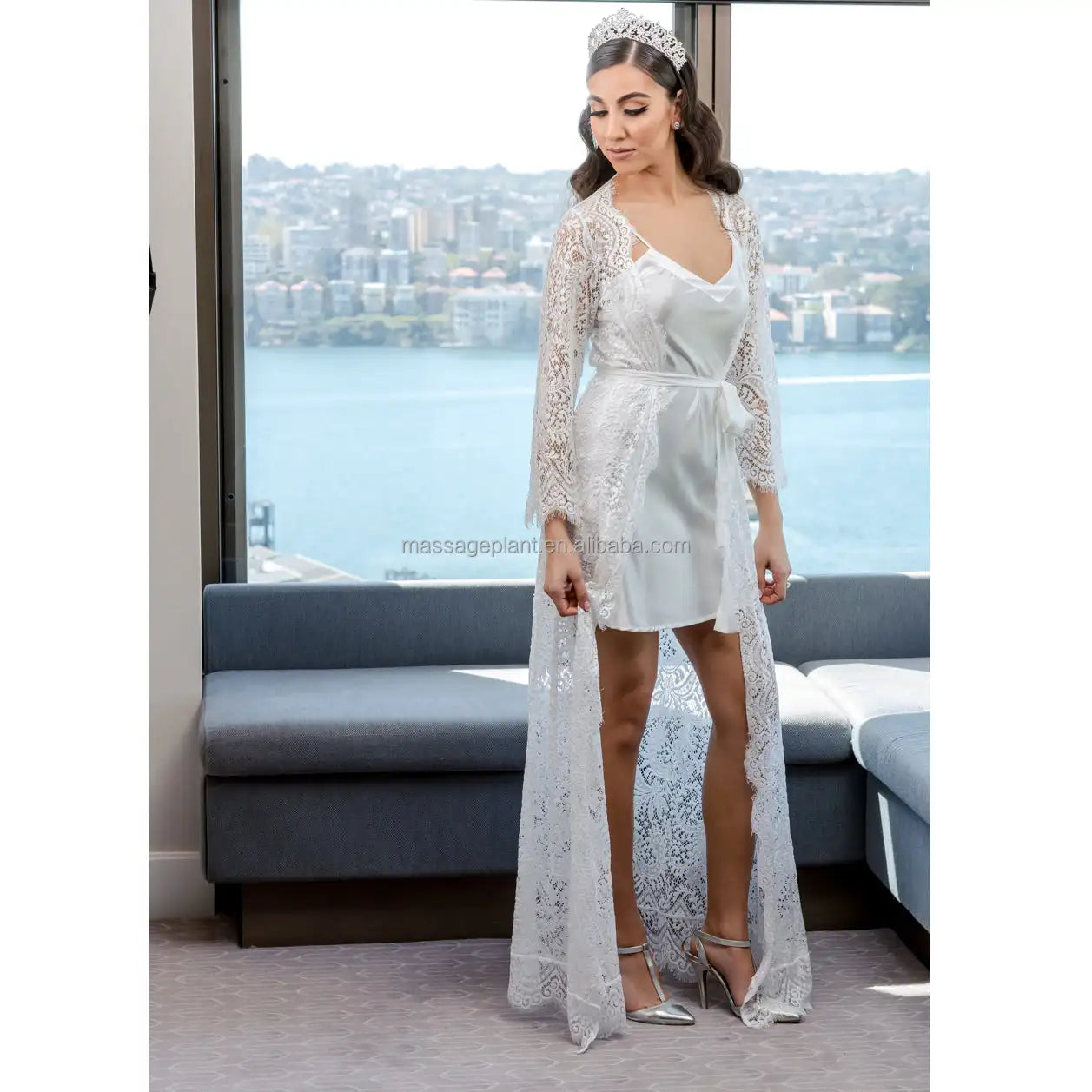 Fashion Wedding Dresses Morning Party Plus Size Women's Lace Thermal Bathrobe for Spring Summer