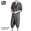 Liu Ming Custom Your Logo Chinese Style Men Thin Summer Cotton Linen Loose Plus Size Short Sleeve Tops Shorts Pants Suits