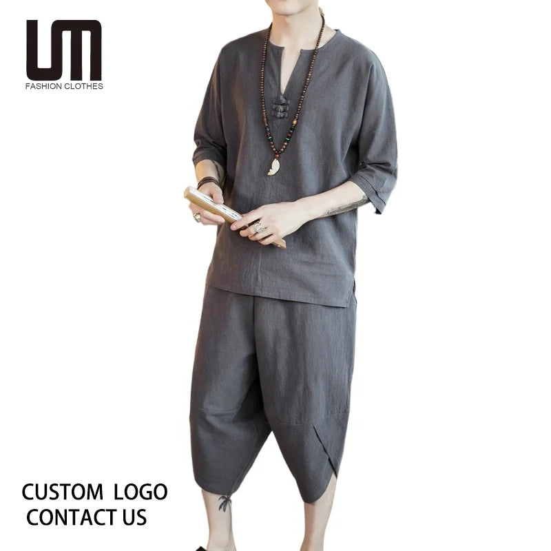 Liu Ming Custom Your Logo Chinese Style Men Thin Summer Cotton Linen Loose Plus Size Short Sleeve Tops Shorts Pants Suits