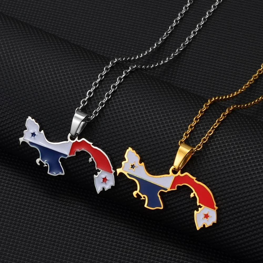Stainless Steel Enameled Panama Map Flag Choker Necklace 18K Gold Plated Enamel Panama Flag Map Pendant Chain Necklace