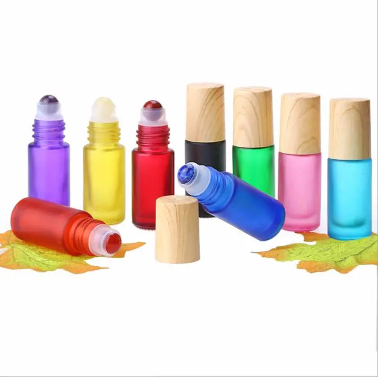 5ml 10ml rainbow Colors  Glass Roller Bottle With Gemstone/jade/crystal Ball With Wood Grain Cap
