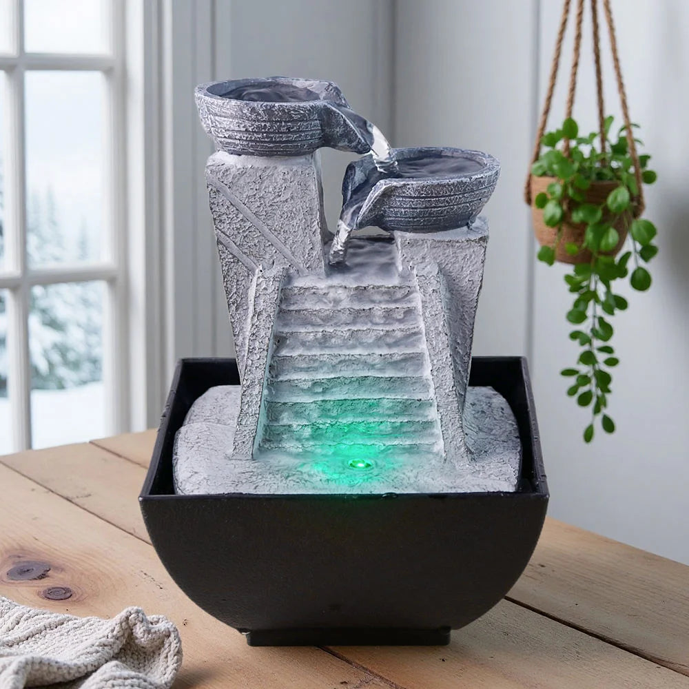 Gray Resin Blue Lights Multi-Layer Water Carving Hand-painted Feng Shui Model Resin Statue Simple Texture Artistic Home Decor