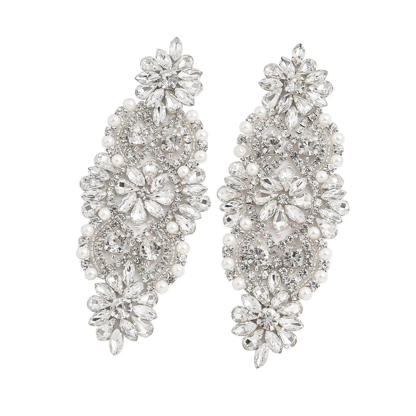 Crystal Rhinestone Applique Patch with Beaded Pearls Embellishments DIY Sewing Appliques for DressHeadpiecesGartersShoes