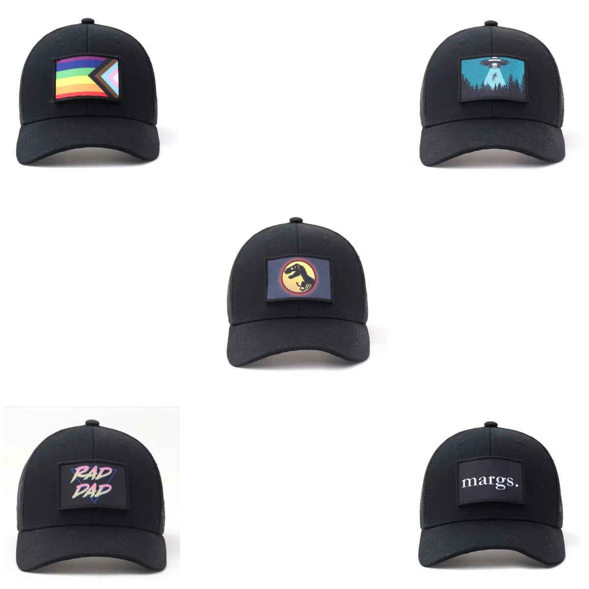 New Fashion 6 Panel Printing Patch Unisex Woven Replaceable Reuse Label Outdoor Sports 112 Distressed Mesh Trucker Cap Hats