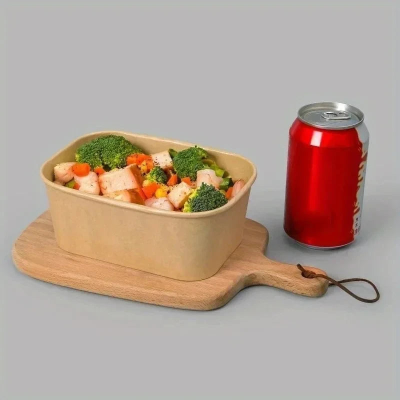 Rectangle Brown White Customize Logo Food Packaging Containers Paper Kraft Square Bowl With PP Lid
