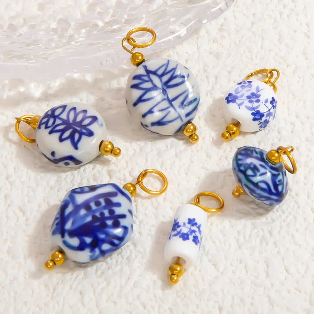 Fashion Stainless Steel Blue and White Porcelain Ceramic Pendant Vintage Bracelet Necklace Handmade DIY Charms Jewelry