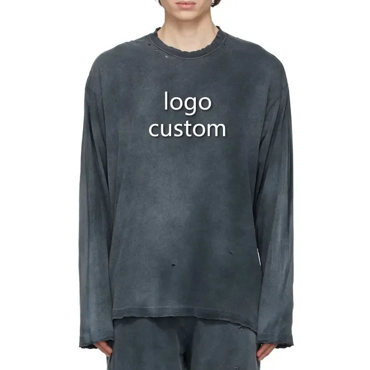 Custom 100% Cotton Washed Long Sleeve O-Neck Printed Silk Screen Printed Vintage Distressed T-Shirt for Men 300g